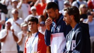 Read more about the article Novak Djokovic reacts to Carlos Alcaraz’s ‘I let Spain down’ remark after striking historic Olympic gold at Paris Games